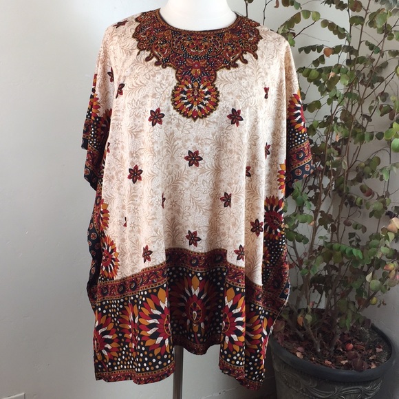 SAYBURY Kaftan Tunic Dress Red Gold One Size EUC - Picture 2 of 8